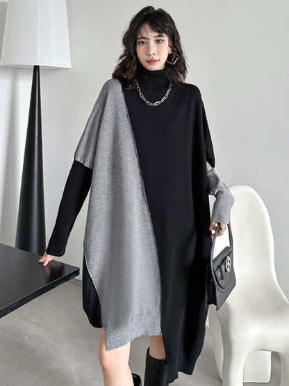 Batwing Sleeves Hipster Asymmetric Contrast Color Split-Joint High-Neck Midi Dresses Sweater Dresses