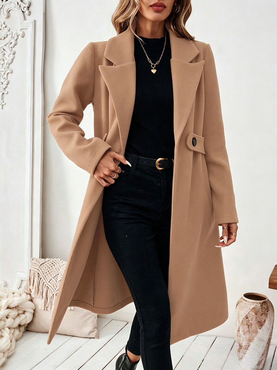 Solid Color Pockets Buttoned Loose Long Sleeves Notched Collar Woolen Coat