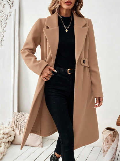 Solid Color Pockets Buttoned Loose Long Sleeves Notched Collar Woolen Coat