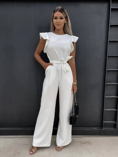 Amber | Women's Ruffle Sleeve Wide Leg Jumpsuit Belted Elegant