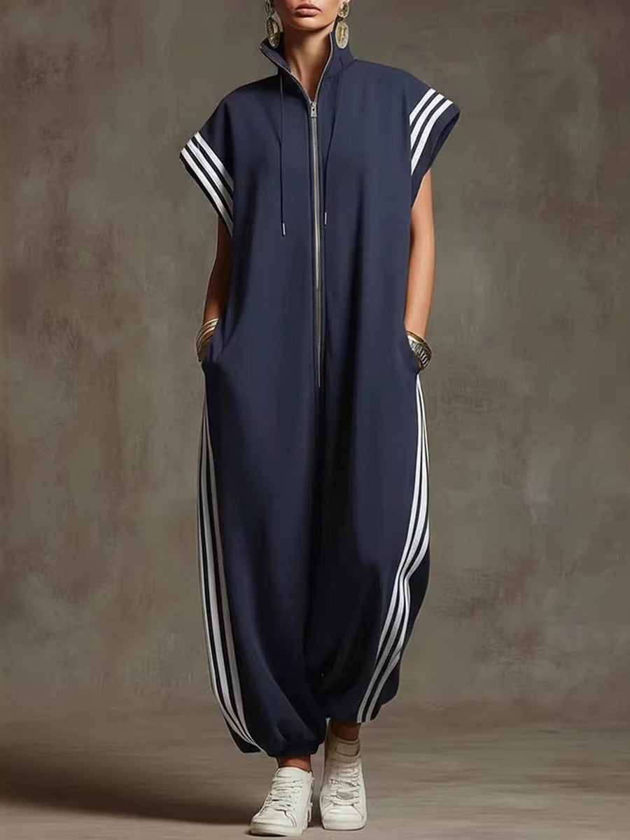 Loose Plus Size Contrast Color Pockets Split-Joint Striped Zipper Stand Collar Jumpsuits Ninth Pants