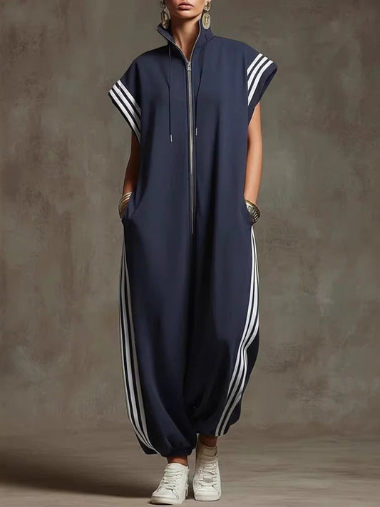 Loose Plus Size Contrast Color Pockets Split-Joint Striped Zipper Stand Collar Jumpsuits Ninth Pants
