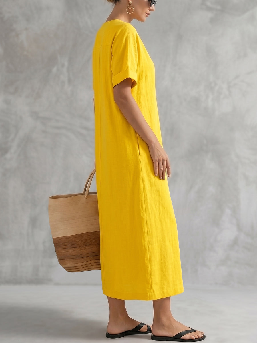 Loose Short Sleeves Solid Color Deep V-Neck Maxi Dresses