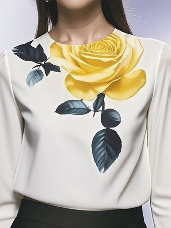 Long Sleeves Loose Flower Print Pleated Round-Neck Blouses&Shirts Tops