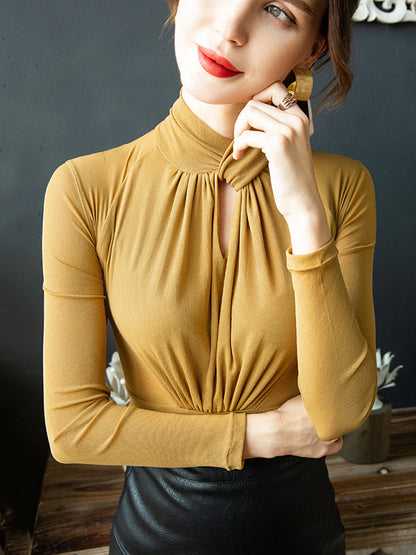 Long Sleeves Plus Size Hollow Mesh Pleated See-Through Solid Color Twist Half Turtleneck Blouses&Shirts Tops