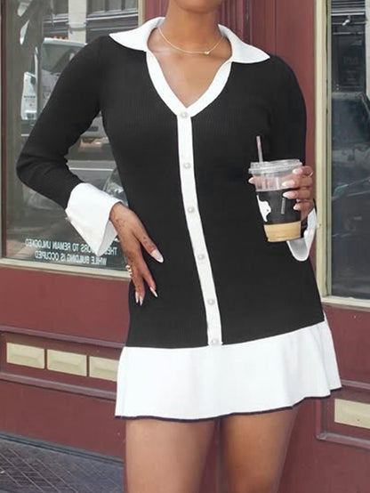 Split-Joint Ruffled Contrast Color Buttoned Long Sleeves High Waisted V-neck Mini Dresses