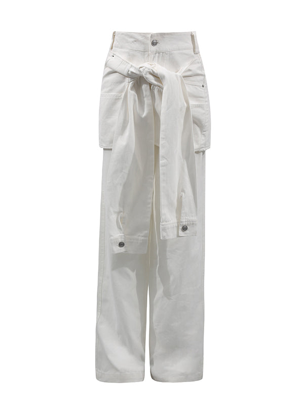 Pantalon taille haute ample boutonné de couleur unie 