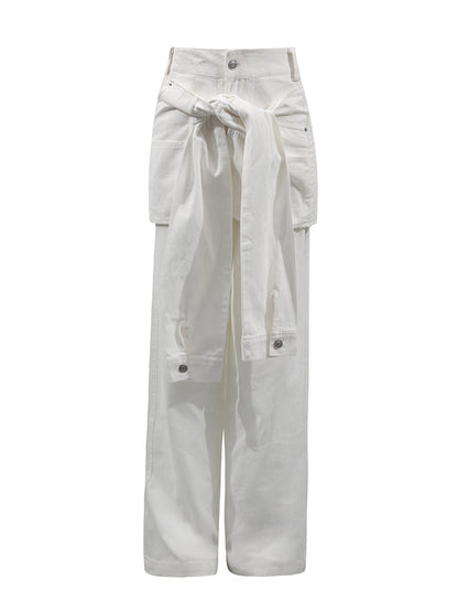 Pantalon taille haute ample boutonné de couleur unie 