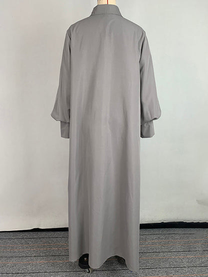 Long Sleeves Loose Solid Color Split-Joint Split-Side Lapel Maxi Dresses Shirt Dress