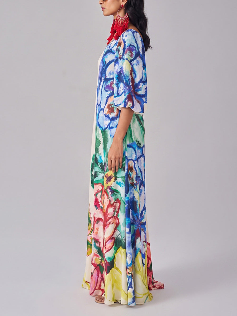 Loose Puff Sleeves Asymmetric Contrast Color Elasticity Flower Print Split-Joint One-Shoulder Maxi Dresses