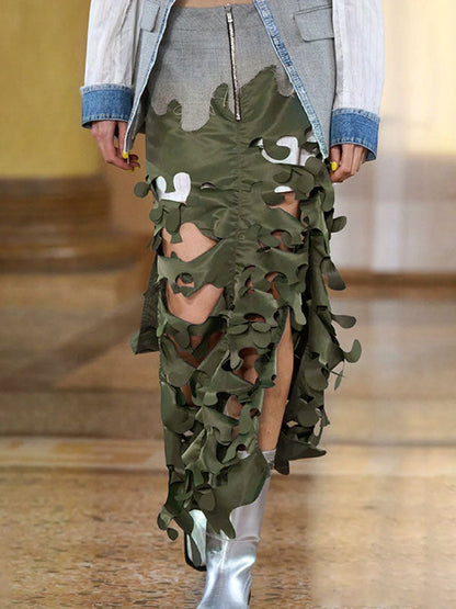 Jupe taille haute ample asymétrique fendue avec fermeture éclair latérale 