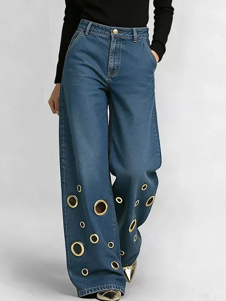 High Waisted Wide Leg Buttoned Hollow Pockets Solid Color Jean Pants Bottoms