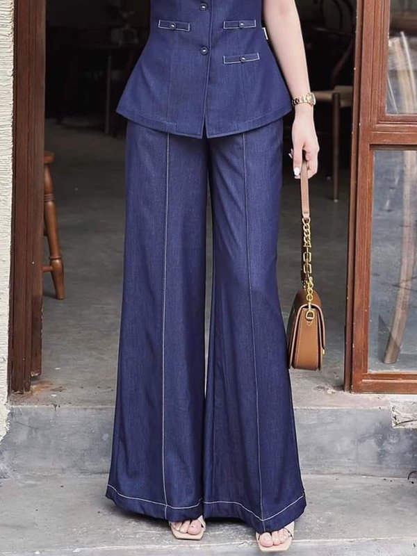 High Waisted Loose Elasticity Pockets Solid Color Jean Pants Bottoms Trousers