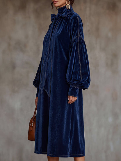 Split-Joint Knot Contrast Color Puff Sleeves Plus Size High-neck Midi Dresses