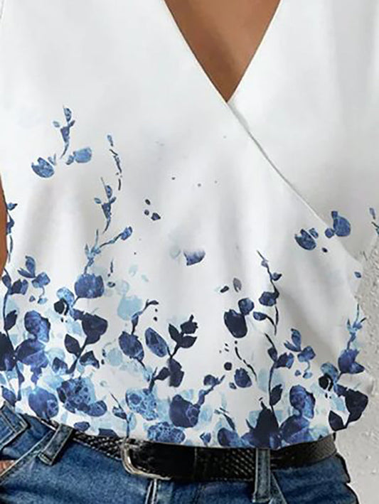 Loose Plus Size Flower Print Split-Joint V-Neck Vest Top