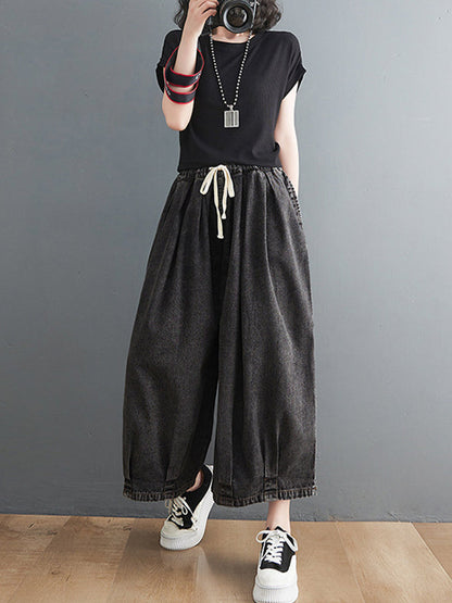 Casual Loose Drawstring Wide Legs Jean Pants