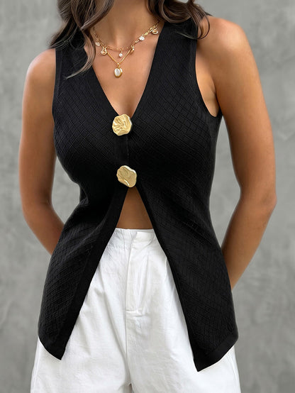 Sleeveless Buttoned Solid Color Textured V-Neck Vest Top