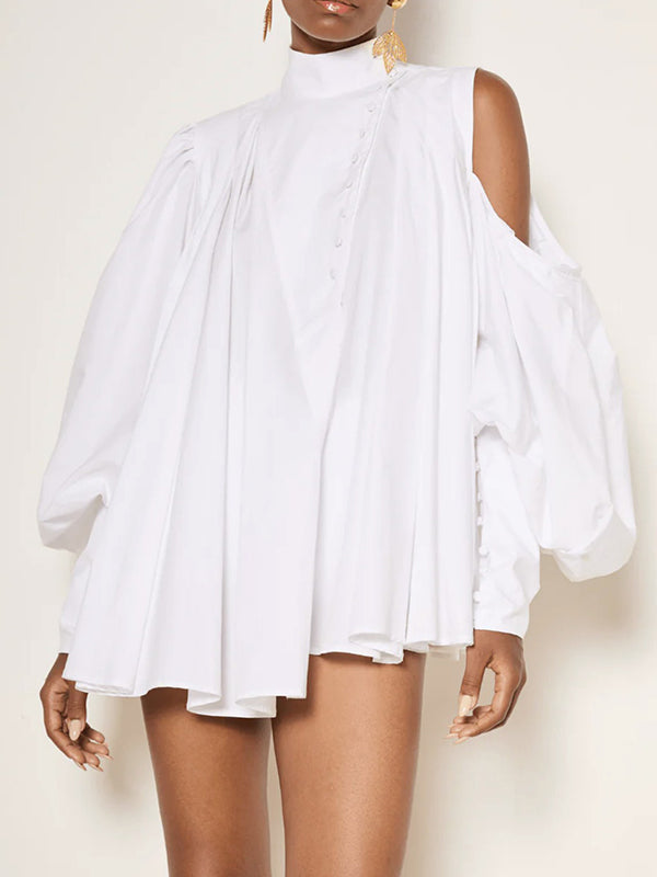 Loose Over Size Buttoned Solid Color High Neck Blouses&Shirts Tops