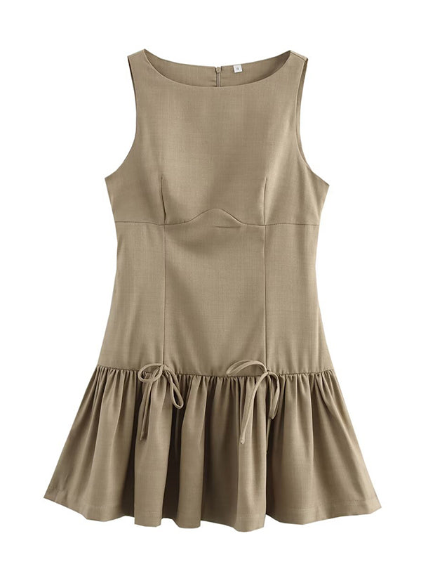 Mini-robe trapèze ample plissée de couleur unie avec fermeture éclair et col rond 