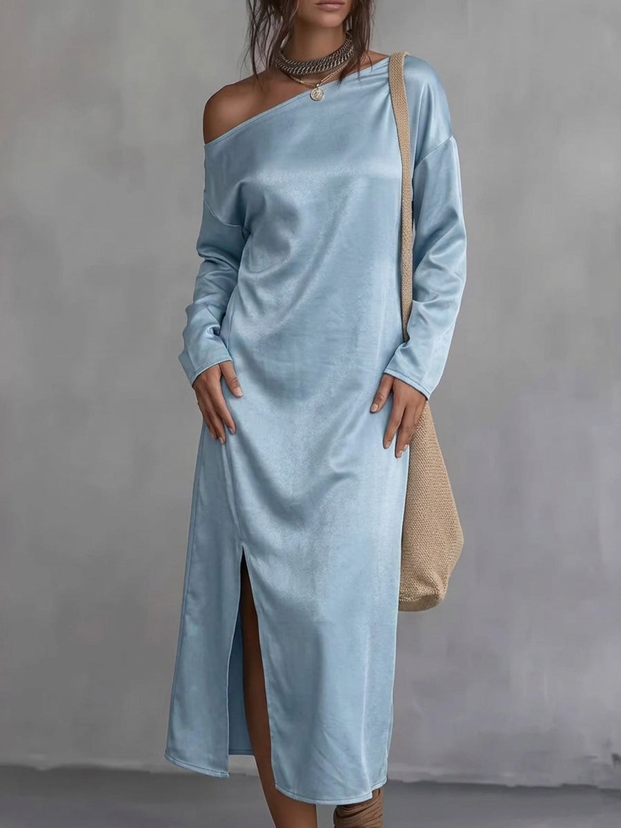 Solid Color Pockets Loose Long Sleeves One-Shoulder Midi Dresses