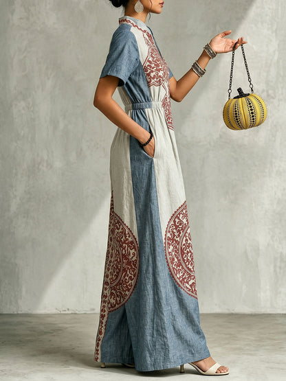 High Waisted Loose Elasticity Pockets Printed V-Neck Jumpsuits