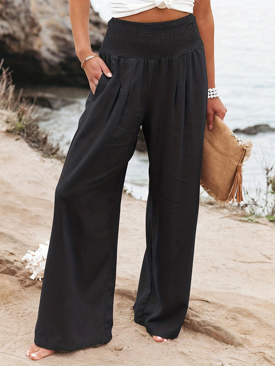 Elasticated Waist High Waisted Pleated Pockets Solid Color Split-Joint Pants