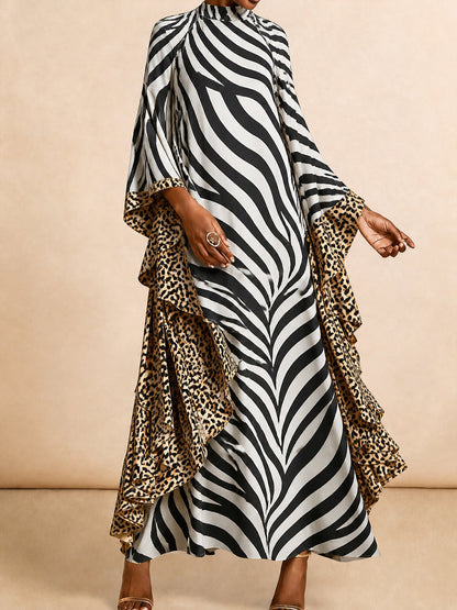 Zipper Zebra Printed Leopard Loose Batwing Sleeves Mock Neck Maxi Dresses