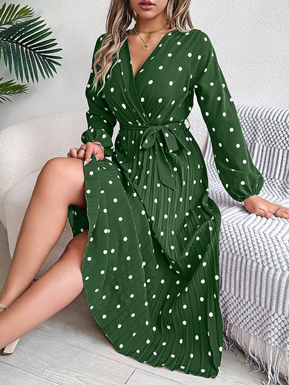 A-Line High Waisted Elasticity Pleated Polka-Dot Split-Joint Tied Waist V-Neck Midi Dresses Shirt Dress