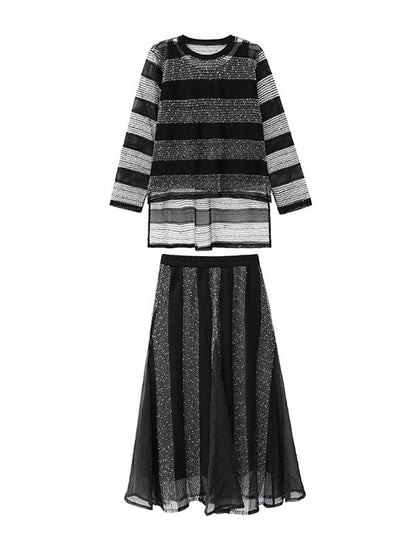 Striped Contrasting Color Elastic Round-Neck  Long-Sleeved See-Through Blouses&Shirts Tops+ Skirt Bottom Two Pieces Set