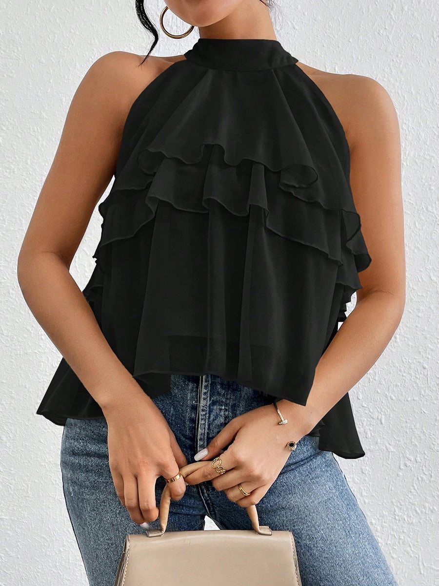 Sleeveless Hollow Ruffle Trim Solid Color Split-Joint Halter-Neck Tank Top