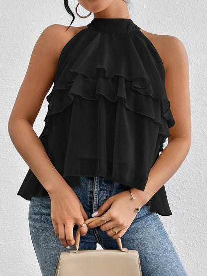 Sleeveless Hollow Ruffle Trim Solid Color Split-Joint Halter-Neck Tank Top