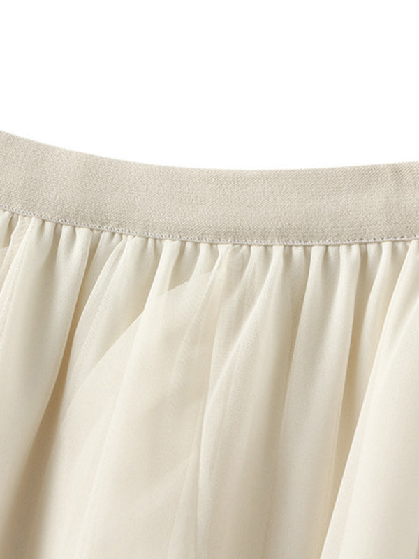 A-Line Loose Elasticity Gauze Pleated Solid Color Split-Joint Skirts