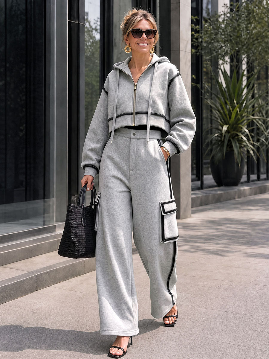 Zipper Ribbed Drawstring Contrast Color Long Sleeves Cropped Hooded Outerwear