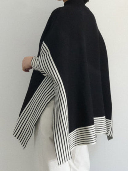Batwing Sleeves Loose Split-Joint Split-Side Striped High Neck Sweater