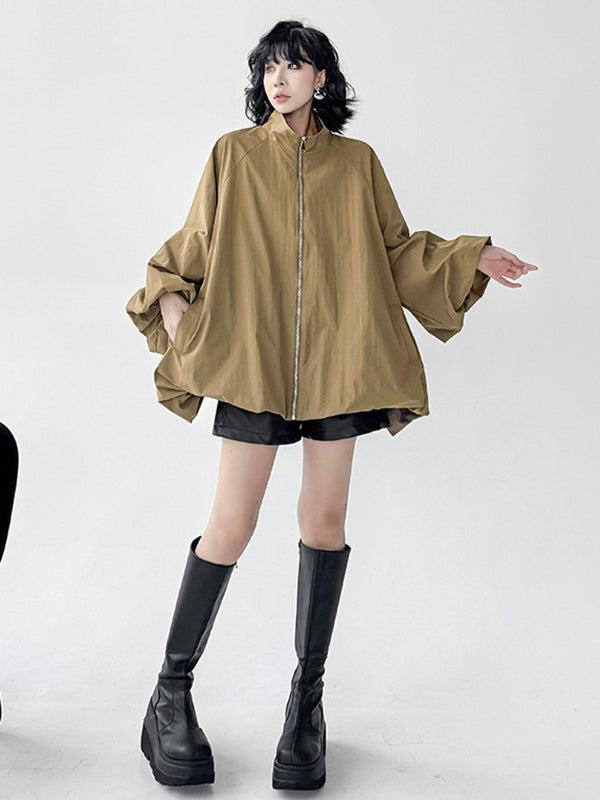 A-Line Long Sleeves Buttoned Solid Color Zipper Stand Collar Outerwear Windbreakers