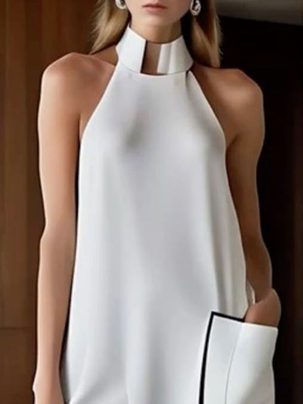 Robes mi-longues à col montant et fentes, couleur unie, sans manches, poches 