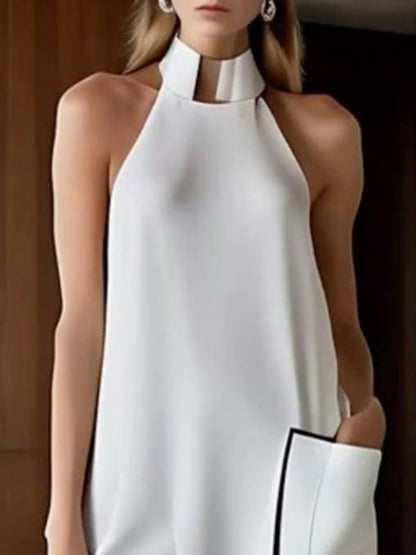 Robes mi-longues à col montant et fentes, couleur unie, sans manches, poches 