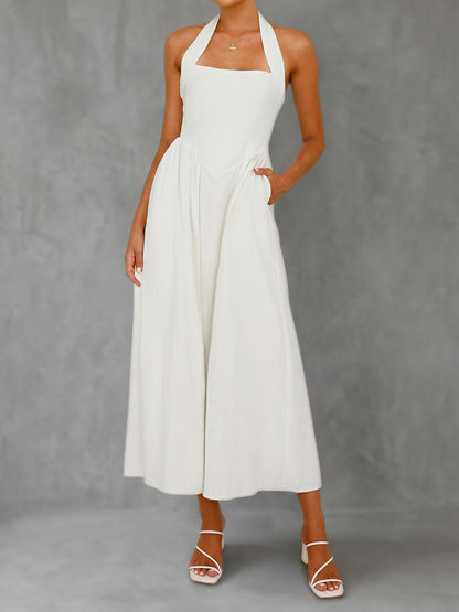 A-Line High Waisted Backless Pleated Pockets Solid Color Split-Joint Halter-Neck Midi Dresses