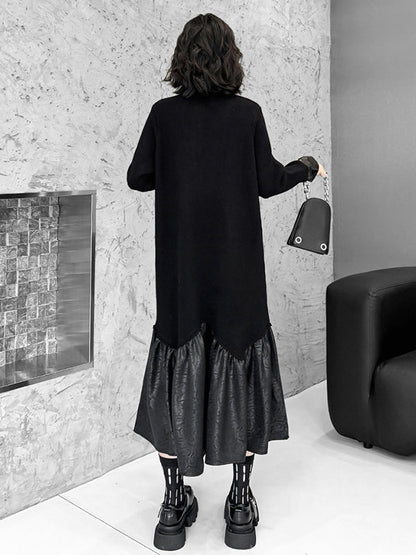 A-Line Long Sleeves Buttoned Split-Joint Polo Midi Dresses Sweater Dresses