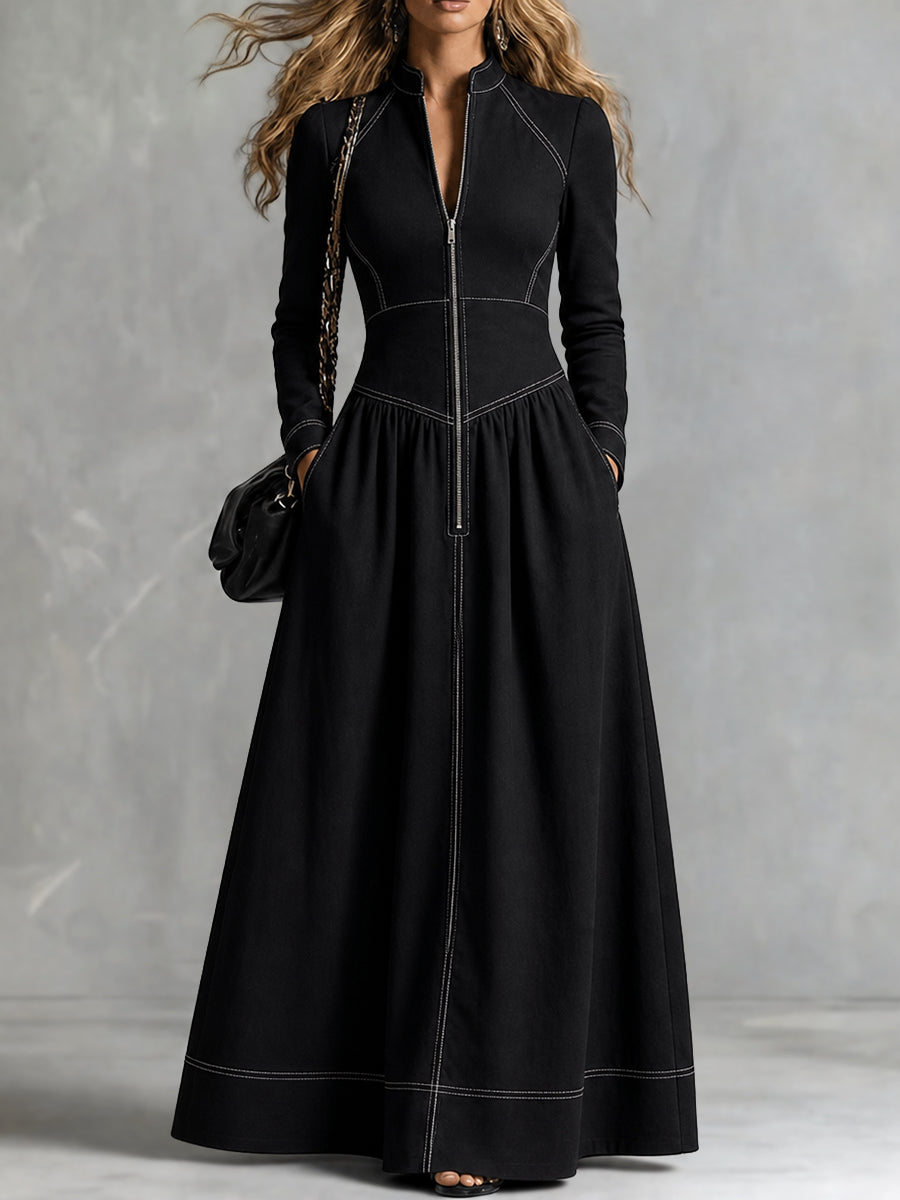 Zipper Split-Joint Pockets Pleated Contrast Color Long Sleeves High Waisted Mock Neck Maxi Dresses