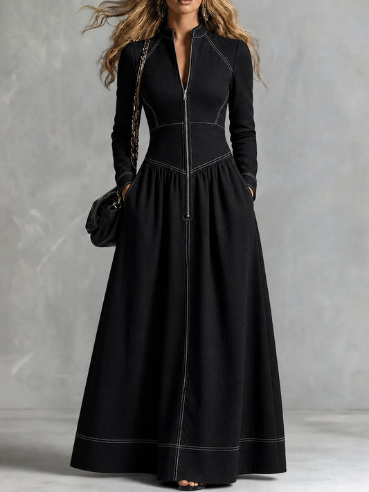 Zipper Split-Joint Pockets Pleated Contrast Color Long Sleeves High Waisted Mock Neck Maxi Dresses