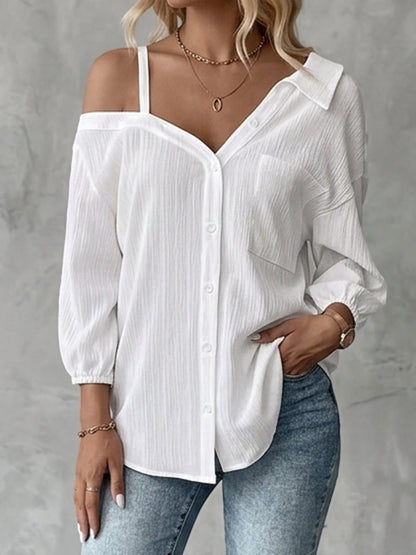 Long Sleeves Loose Buttoned Pockets Solid Color One-Shoulder Blouses&Shirts Tops