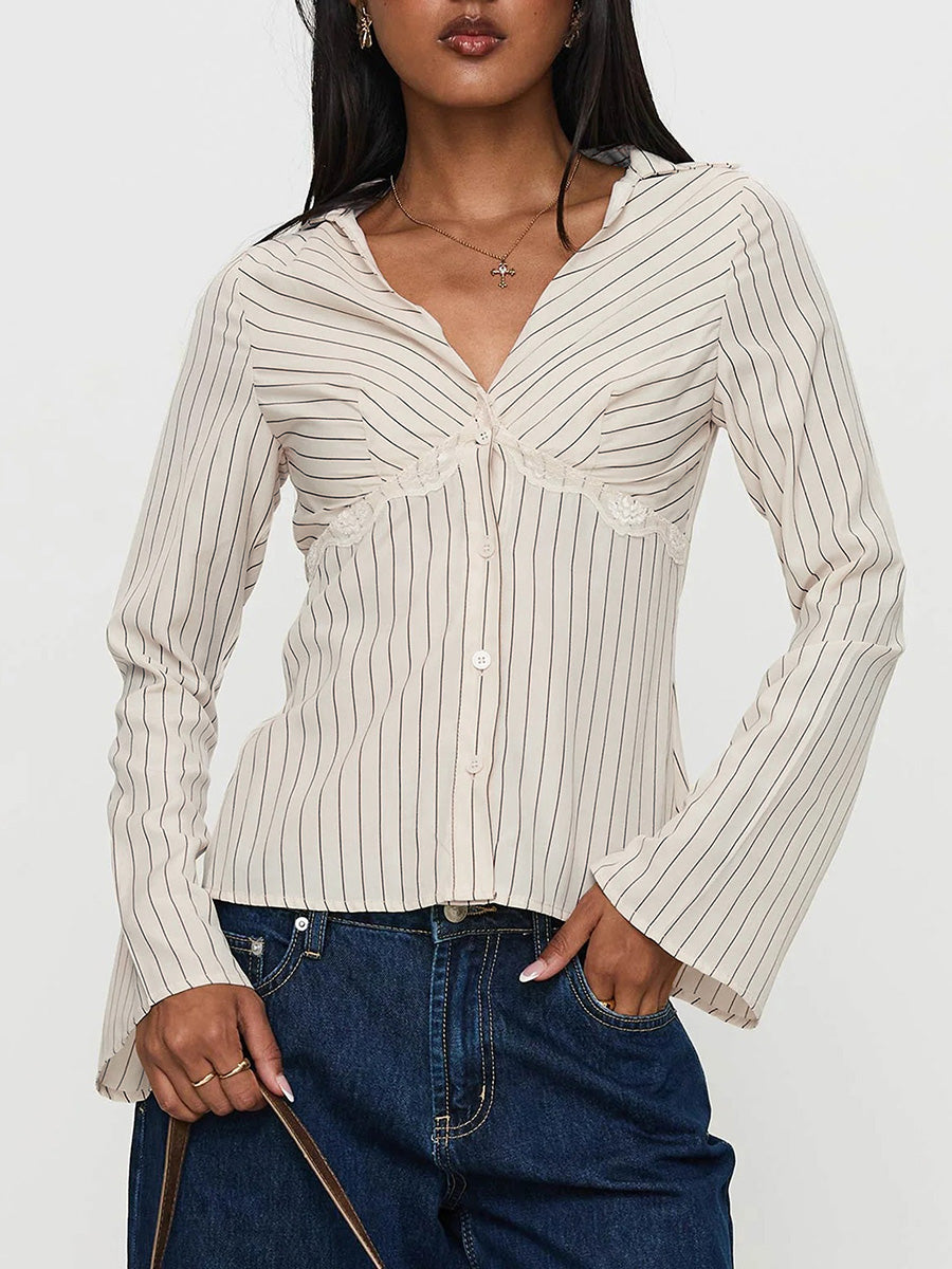 Flared Sleeves Long Sleeves Buttoned Solid Color Split-Joint Striped V-Neck Blouses&Shirts Tops