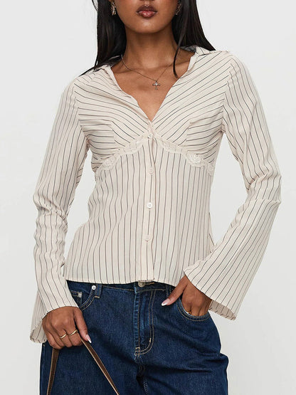 Flared Sleeves Long Sleeves Buttoned Solid Color Split-Joint Striped V-Neck Blouses&Shirts Tops
