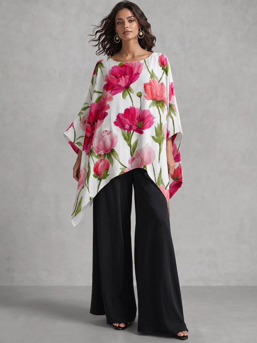 Flower Print Asymmetric Three-quarter Sleeves Loose Round-neck Blouses&shirts Tops