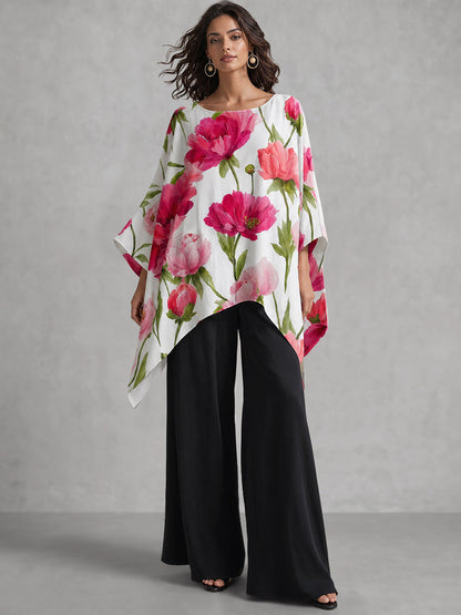 Flower Print Asymmetric Three-quarter Sleeves Loose Round-neck Blouses&shirts Tops