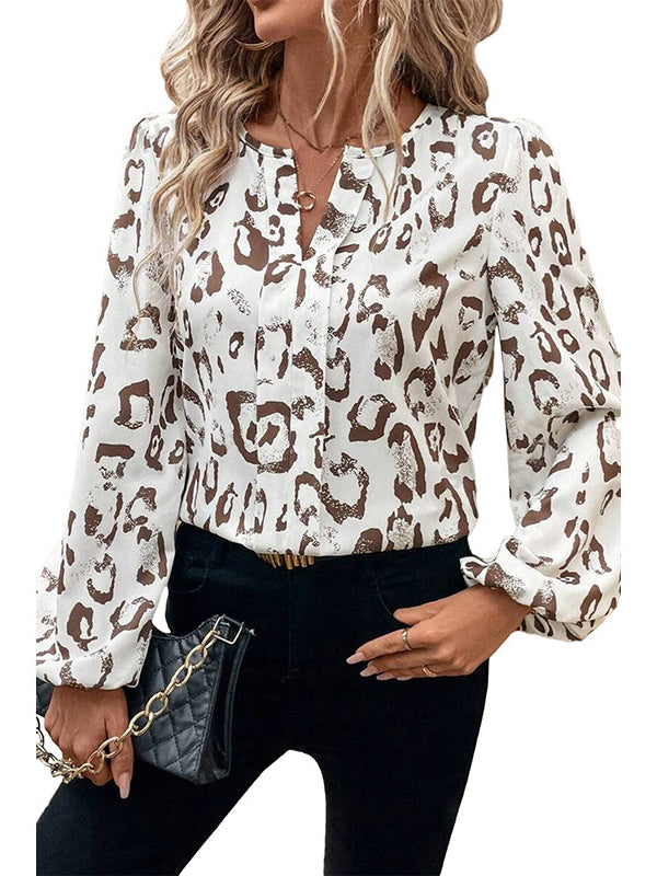 Long Sleeves Loose Contrast Color Elasticity Leopard V-Neck Blouses&Shirts Tops