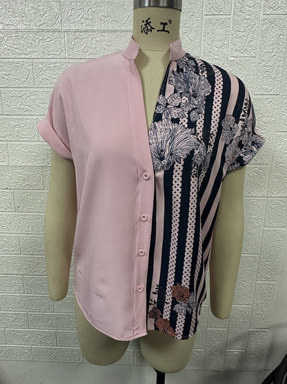 Loose Short Sleeves Buttoned Contrast Color Flower Print Striped V-Neck Blouses&Shirts Tops