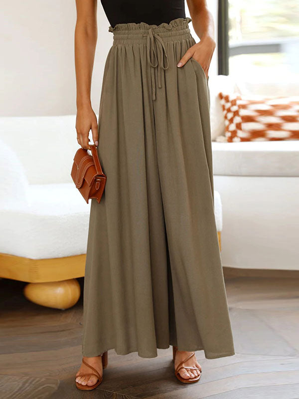 High Waisted Loose Drawstring Elasticity Pockets Solid Color Pants Trousers CYAN