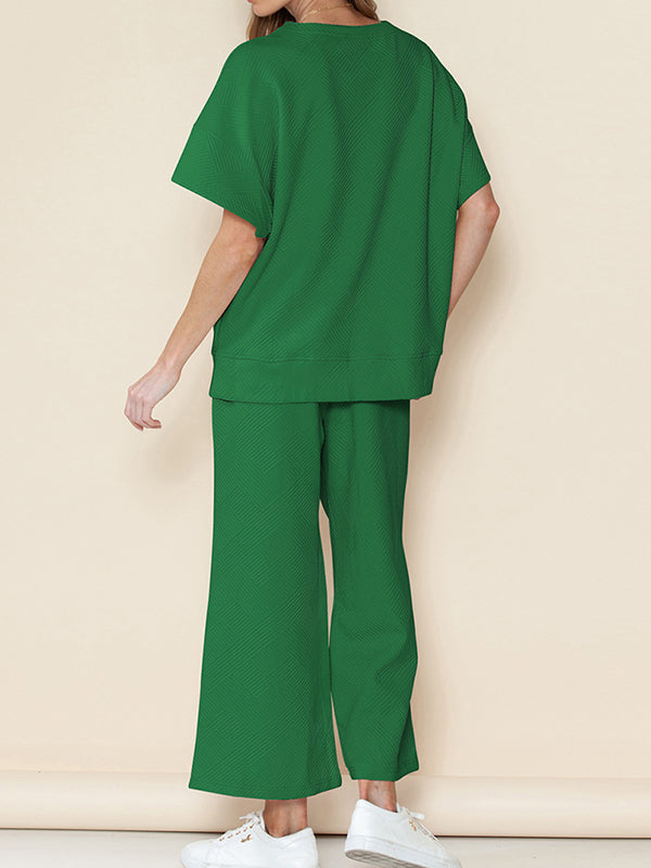 Loose Short Sleeves Solid Color Round-Neck T-Shirt Top + Drawstring Elasticity Pockets Pants Botttom Two Pieces Set